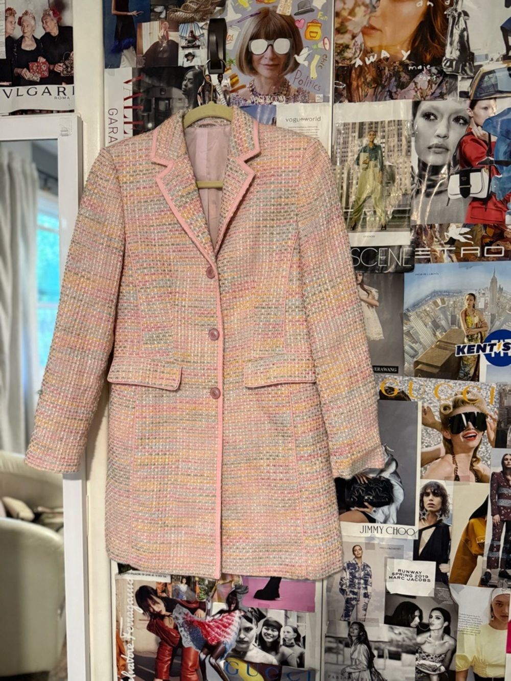Vintage Pastel Pink Tweed Blazer Coat with Multi-Color Weave